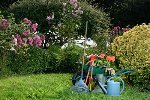 A well-maintained garden scene featuring a lush, green lawn bordered by various flowering bushes and shrubs, including pink and purple blooms. In the background, there are taller trees providing shade. On the right side of the image, garden tools such as a rake, a watering can, and a wheelbarrow filled with gardening supplies are placed on the grass, indicating active outdoor maintenance. The garden has a mix of natural grass surfaces and paved areas, with vibrant colours from the flowers contrasting against the greenery, all set in a quiet outdoor space that exemplifies typical residential gardening in Tooting. The scene suggests a sunny day with natural lighting illuminating the garden’s diverse plant life and well-organized tools, reflecting professional gardening services that support garden upkeep and landscape enhancement.
