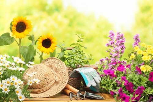 A vibrant garden scene featuring a wooden garden table with a variety of flowering plants and gardening tools in Tooting. Bright yellow sunflowers with dark central disks are positioned alongside clusters of white daisies with yellow centers and pink and purple flowers in full bloom. On the table, there is a straw hat, a pair of gardening gloves, and small hand tools, all suggesting preparation for outdoor gardening activities. The background showcases lush green foliage and a blurred natural landscape, indicating a well-maintained backyard or front garden area. The scene is illuminated by natural daylight, with soft sunlight highlighting the vivid colors and textures of the flowers, leaves, and garden accessories, reflecting typical gardening maintenance and landscaping work carried out by professionals like Landscapers Tooting in the local outdoor environment.