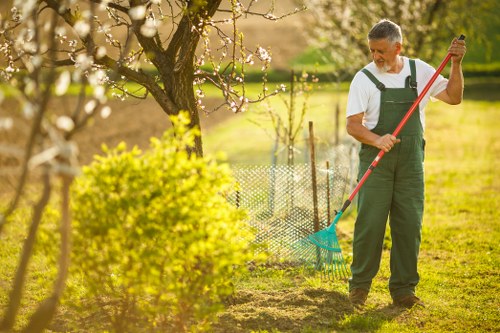A man in gardening overalls rakes soil in a backyard garden on a sunny day, surrounded by a small, neatly trimmed hedge and a flowering tree with light pink blossoms. The garden features a lush, well-maintained lawn with a mix of grassy areas and exposed soil. In the background, there is a wooden fence and additional greenery, suggesting a private outdoor space typical of properties in Tooting. The scene is bathed in warm, natural sunlight, highlighting the vibrant green hues of the plants and the cheerful atmosphere of outdoor maintenance. This image visually supports landscaping and gardening services offered by Landscapers Tooting, focusing on lawn preparation and garden tidying for homes and businesses in the local area.
